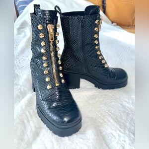 Jeffrey Campbell Black Croc Textured Boots with Gold Accents